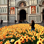 **

Prompt: A vibrant, ephemeral art installation in a bustling Piazza in Florence. Augmented reality elements overlay a historic building, transforming it into a blooming garden. People interact with the art, capturing the moment with smartphones. Warm, golden hour lighting. Capture the fleeting beauty and social impact of time-based art in an Italian setting.

**