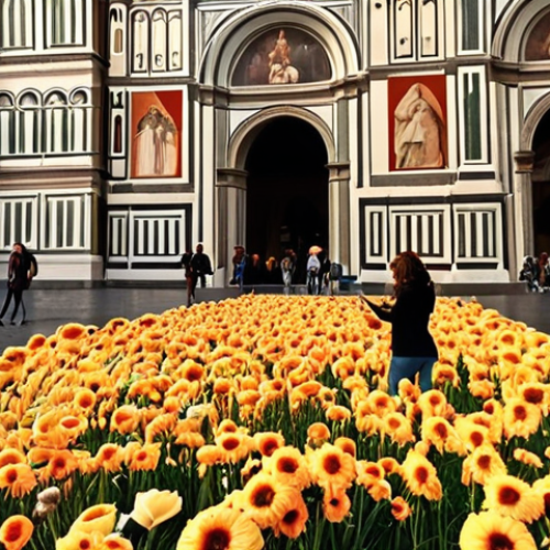 Home 11 **
Prompt: A vibrant, ephemeral art installation in a bustling Piazza in Florence. Augmented reality elements overlay a historic building, transforming it into a blooming garden. People interact with the art, capturing the moment with smartphones. Warm, golden hour lighting. Capture the fleeting beauty and social impact of time-based art in an Italian setting.
**