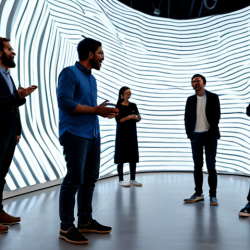 Home 6 A diverse group of adults and children, fully clothed in modern, modest attire, joyfully interacting with a large-scale interactive light and sound installation in a contemporary art museum. Dynamic, colorful light patterns ripple across the walls and floor, reacting to their movements and whispers. The atmosphere is vibrant and immersive, showcasing a symphony of visual and auditory responses. The space features sleek, minimalist architecture. Professional photography, high quality, safe for work, appropriate content, fully clothed, family-friendly, perfect anatomy, correct proportions, natural pose, well-formed hands, proper finger count.