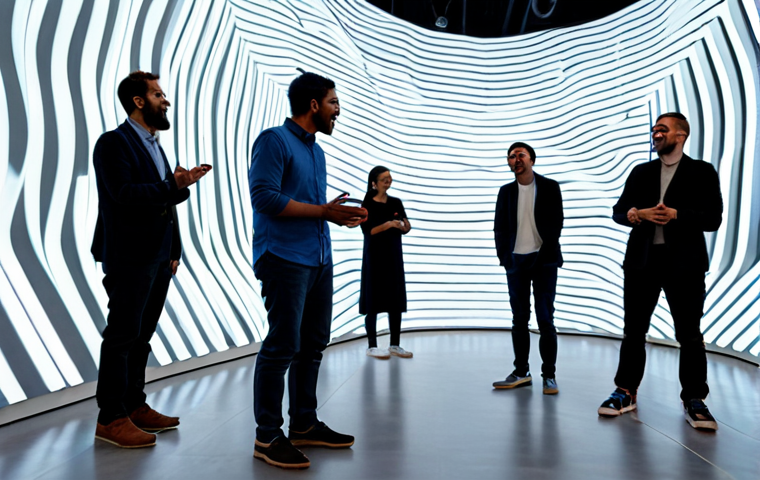 A diverse group of adults and children, fully clothed in modern, modest attire, joyfully interacting with a large-scale interactive light and sound installation in a contemporary art museum. Dynamic, colorful light patterns ripple across the walls and floor, reacting to their movements and whispers. The atmosphere is vibrant and immersive, showcasing a symphony of visual and auditory responses. The space features sleek, minimalist architecture. Professional photography, high quality, safe for work, appropriate content, fully clothed, family-friendly, perfect anatomy, correct proportions, natural pose, well-formed hands, proper finger count.