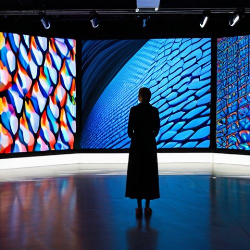 A solitary art enthusiast, fully clothed in modest professional dress, stands in a modern, dimly lit art gallery, deeply immersed in a large-scale, dynamic digital art installation. The installation features vibrant, flowing light patterns and abstract shapes projected across multiple towering screens, creating an enveloping, interactive experience. The scene conveys awe and wonder and highlights sensory participation. Professional photography, high resolution, perfect anatomy, correct proportions, natural pose, well-formed hands, proper finger count, natural body proportions, safe for work, appropriate content, fully clothed, family-friendly.