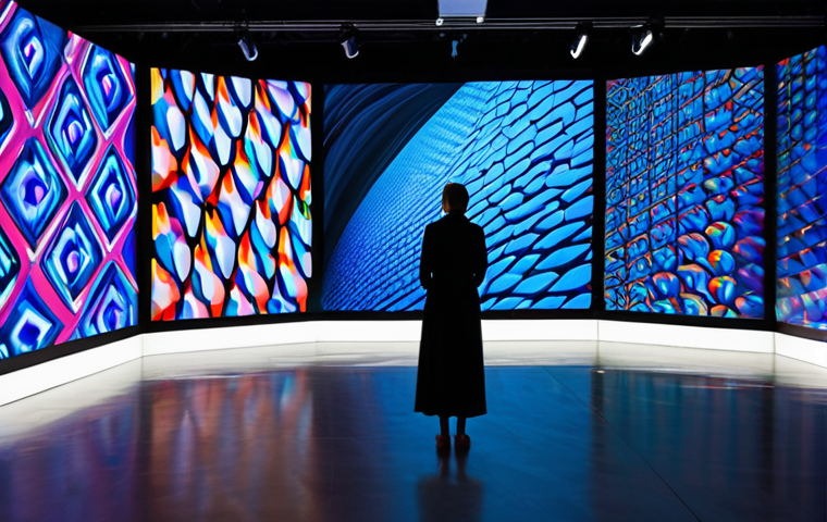 A solitary art enthusiast, fully clothed in modest professional dress, stands in a modern, dimly lit art gallery, deeply immersed in a large-scale, dynamic digital art installation. The installation features vibrant, flowing light patterns and abstract shapes projected across multiple towering screens, creating an enveloping, interactive experience. The scene conveys awe and wonder and highlights sensory participation. Professional photography, high resolution, perfect anatomy, correct proportions, natural pose, well-formed hands, proper finger count, natural body proportions, safe for work, appropriate content, fully clothed, family-friendly.