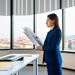 **

A professional female architect, fully clothed in a stylish but modest business attire (perhaps a tailored pantsuit or a knee-length dress with a blazer), stands in a brightly lit modern architectural office in Milan. She is reviewing blueprints with a younger colleague. The office features large windows overlooking the city. Focus on clean lines, sophisticated design, and a sense of collaborative energy.  Safe for work, appropriate content, professional, well-lit, perfect anatomy, natural proportions, showcasing Italian design sensibility.

**