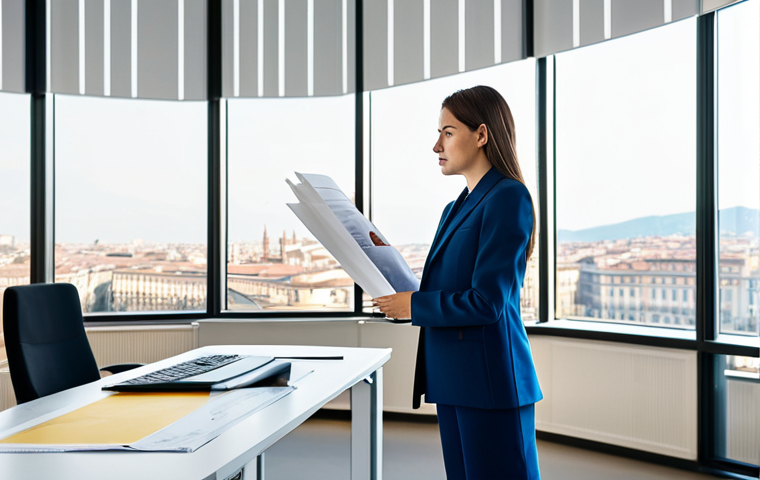 **

A professional female architect, fully clothed in a stylish but modest business attire (perhaps a tailored pantsuit or a knee-length dress with a blazer), stands in a brightly lit modern architectural office in Milan. She is reviewing blueprints with a younger colleague. The office features large windows overlooking the city. Focus on clean lines, sophisticated design, and a sense of collaborative energy.  Safe for work, appropriate content, professional, well-lit, perfect anatomy, natural proportions, showcasing Italian design sensibility.

**