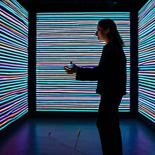 시간 기반 예술 작품의 인터넷 플랫폼 활용 - Interactive Art Installation**

"A fully clothed woman in stylish, modest clothing stands in a darke...