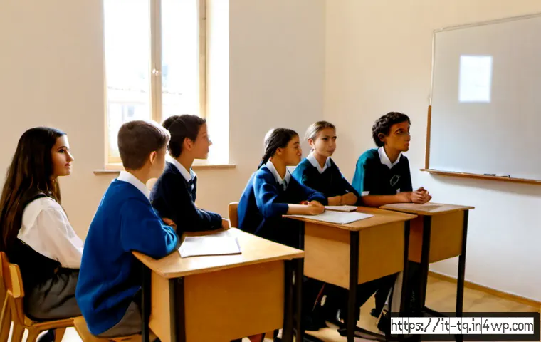 Home 10 시간 기반 예술의 교육적 활용 - Photorealistic Italian secondary school classroom, diverse teenage students seated in a semicircle w...