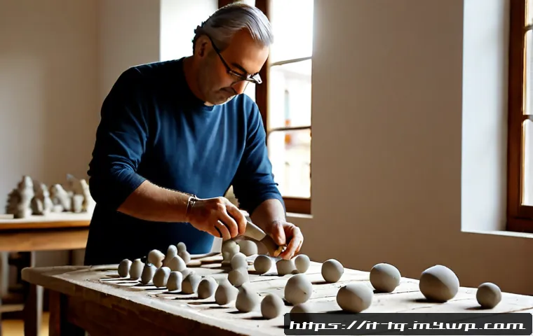 시간 기반 예술의 기법 분석 - Photorealistic Italian contemporary art studio, a middle-aged artist arranging a sequence of small c...