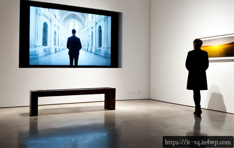 Home 17 시간 기반 예술과 디지털 미디어의 관계 - Photorealistic contemporary art gallery in Milan, a large abstract video artwork projected onto a cl...