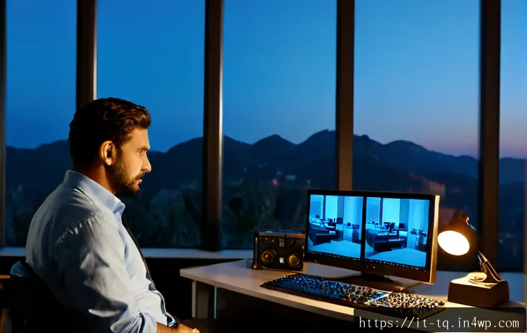 시간 기반 예술로서의 영화 제작 - Photorealistic cinematic scene inside an Italian film editing studio at dusk, an experienced filmmak...